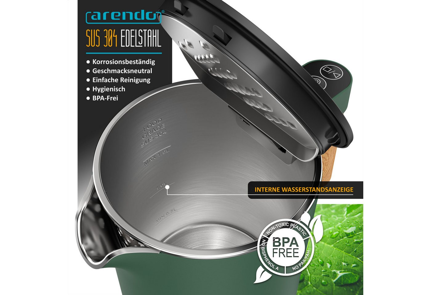 Arendo Wasserkocher Edelstahl, Doppelwand, Temperatureinstellung 45° - 100 °C mit Anzeige, 1,5 l, 2200 W, Warmhaltefunktion, 360° Basis, mit Griff in Holzoptik, – Bild 5 von 5