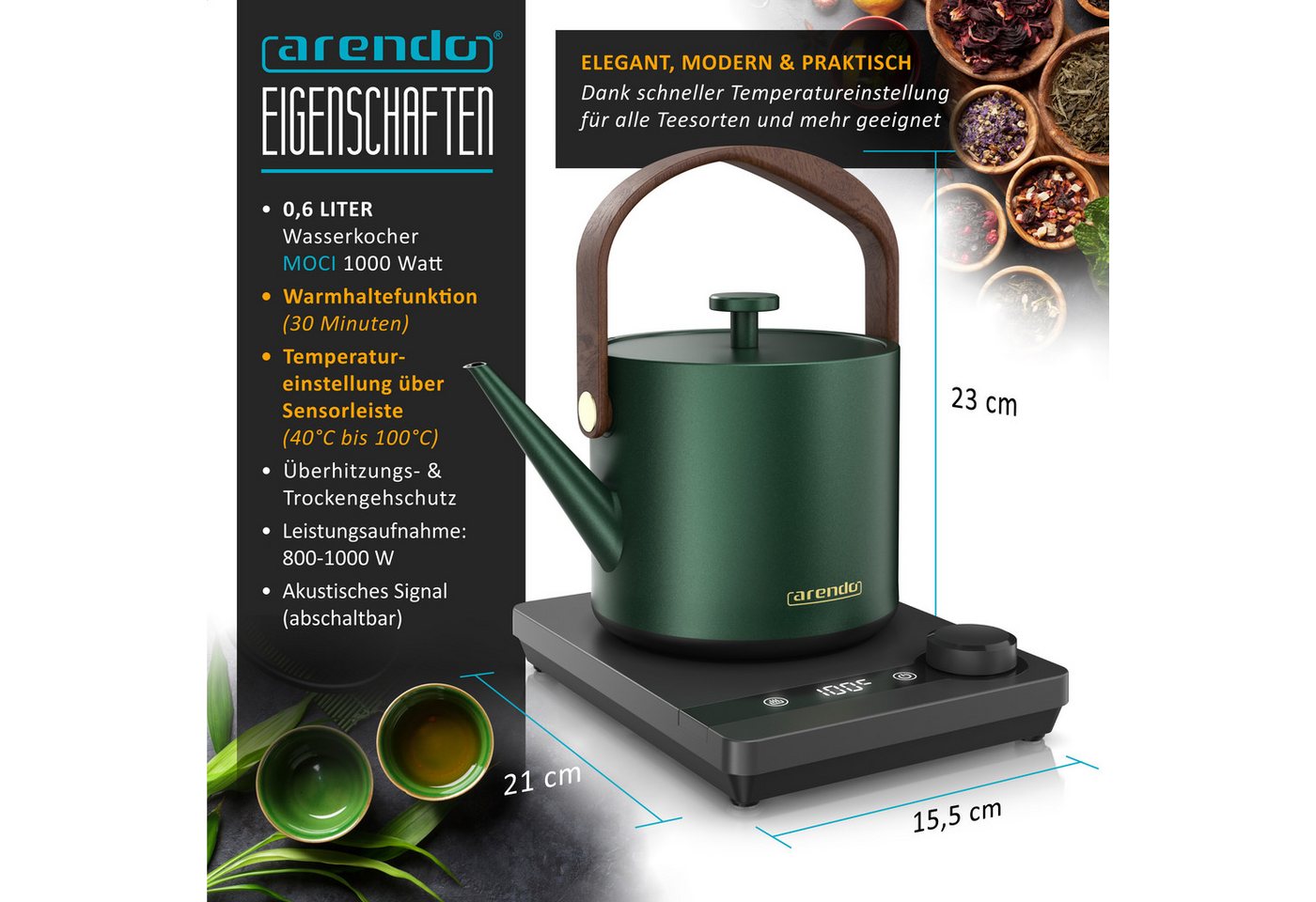 Arendo Wasserkocher Edelstahl, Retro, Temperatureinstellung 40°-100°C, Mini, 0.6 l, 1200 W, Schwanenhals-Ausguss, BPA-frei, Warmhaltefunktion, Teekocher – Bild 2 von 5
