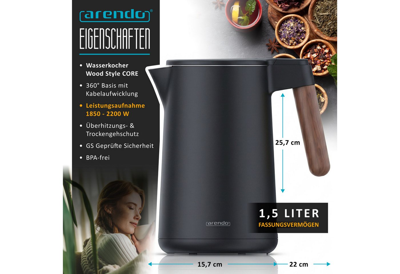 Arendo Wasserkocher Edelstahl, Doppelwand, Cool-Touch, 360° Basis, mit Griff in Holzoptik, 1,5 l, 2200 W, mit Trockengehschutz, Überhitzungsschutz, BPA-frei, GS – Bild 2 von 5