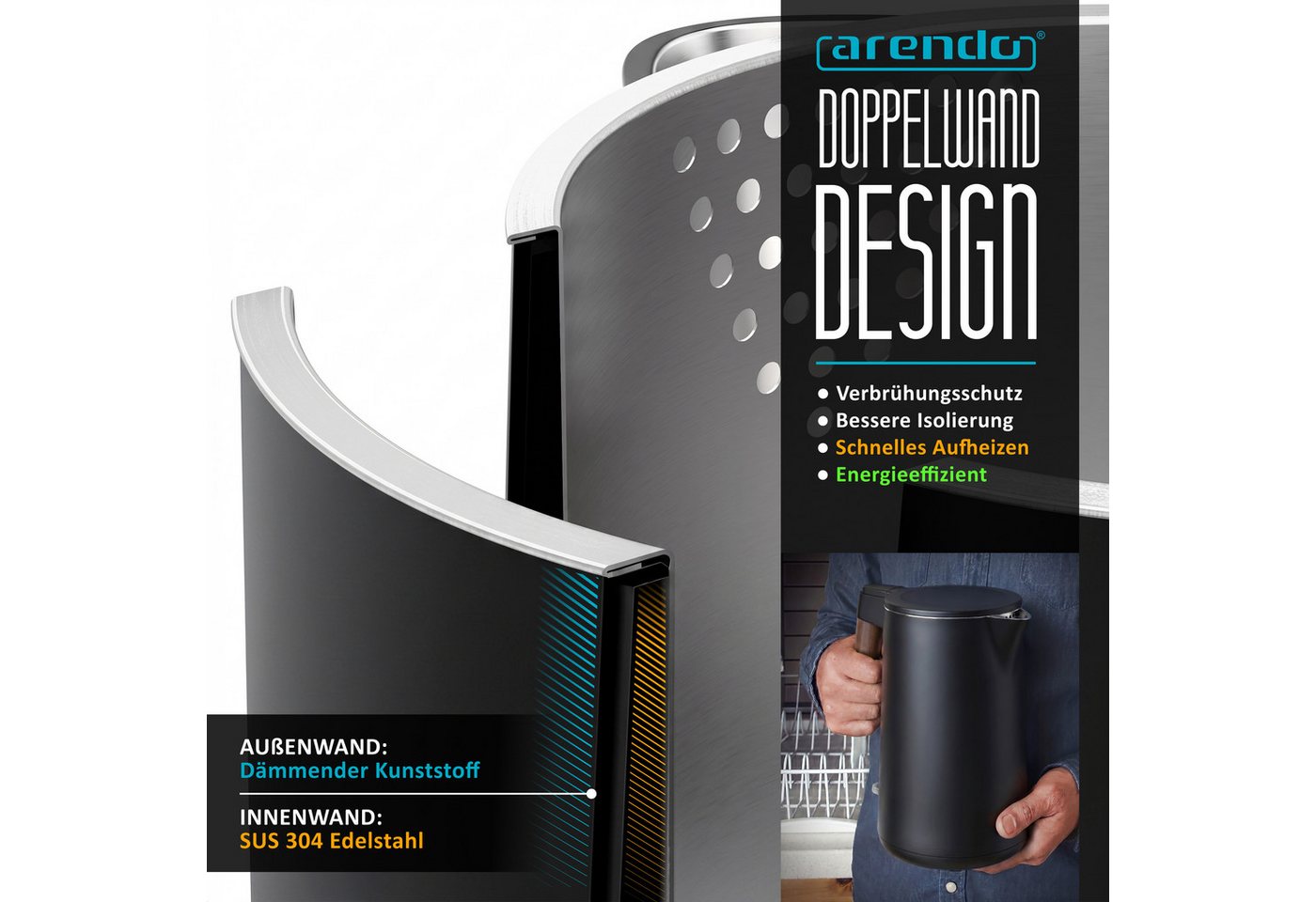 Arendo Wasserkocher Edelstahl, Doppelwand, Cool-Touch, 360° Basis, mit Griff in Holzoptik, 1,5 l, 2200 W, mit Trockengehschutz, Überhitzungsschutz, BPA-frei, GS – Bild 3 von 5