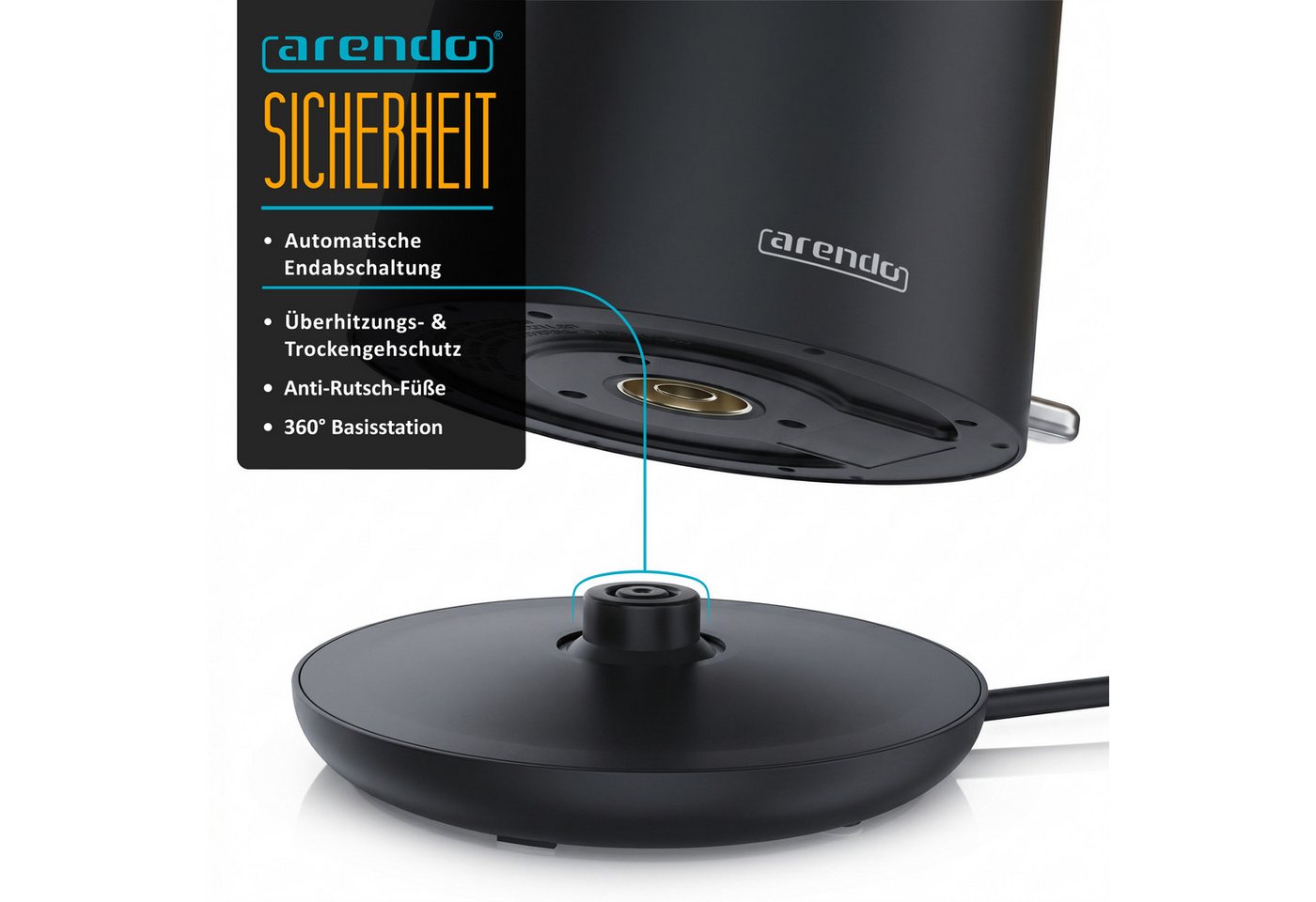 Arendo Wasserkocher Edelstahl, Doppelwand, Cool-Touch, 360° Basis, mit Griff in Holzoptik, 1,5 l, 2200 W, mit Trockengehschutz, Überhitzungsschutz, BPA-frei, GS – Bild 4 von 5