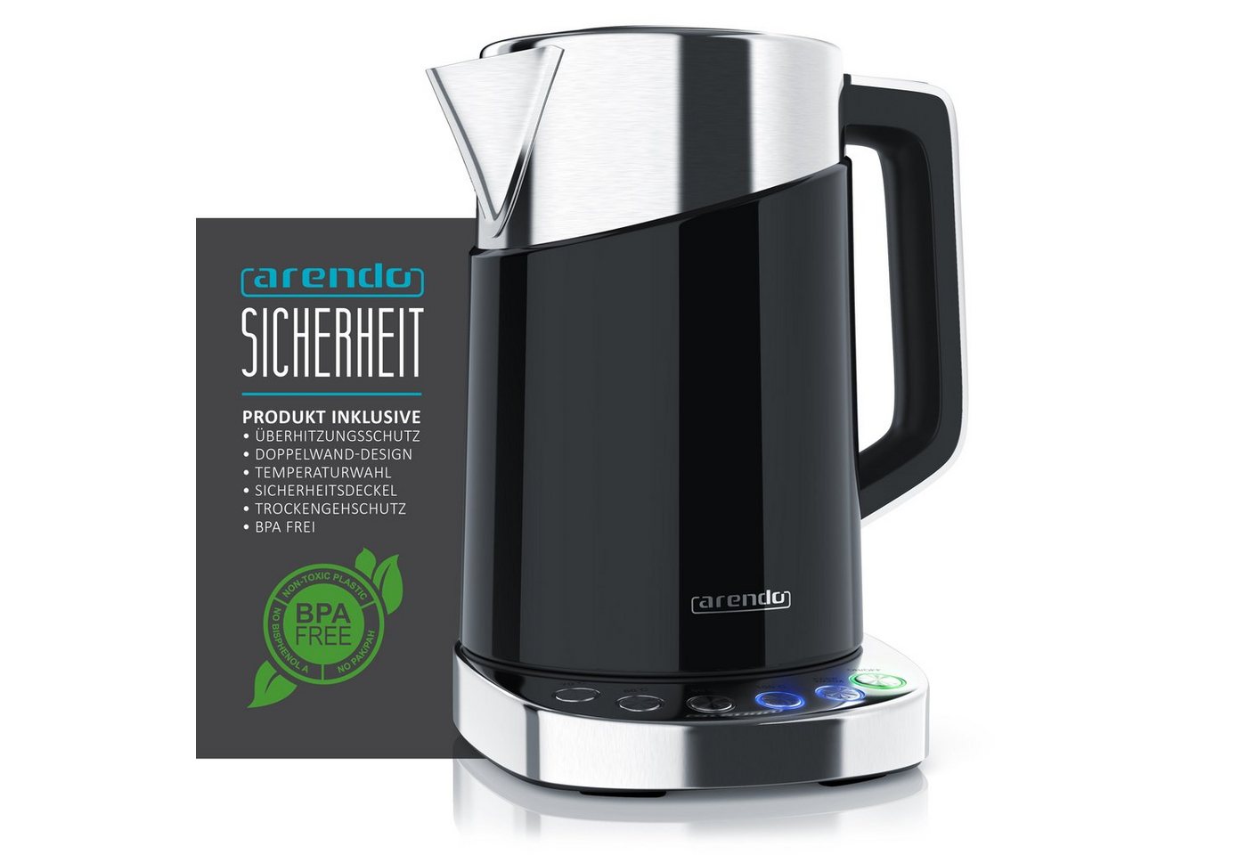 Arendo Wasserkocher Edelstahl, Schnellkoch Funktion, Temperatureinstellung 70° C - 100° C, 1,7 l, 3000 W, Digitale Basisstation, Warmhaltefunktion, Schnellkoch  – Bild 2 von 5