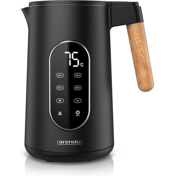 Arendo Wasserkocher Edelstahl, Doppelwand, Temperatureinstellung 40° - 100 °C mit Anzeige, 1,7 l, 2200 W, LED-Display, 5 Direktwahltemperaturen, Holzoptik-Griff