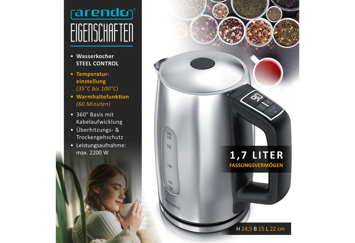 Arendo Wasserkocher Edelstahl, mit Temperatureinstellung, LED Display, Warmhaltefunktion, 1,7 l, 2200 W, Edelstahl, Temperaturwahl 35°C - 100°C, Sichtfenster fü – Bild 2 von 5