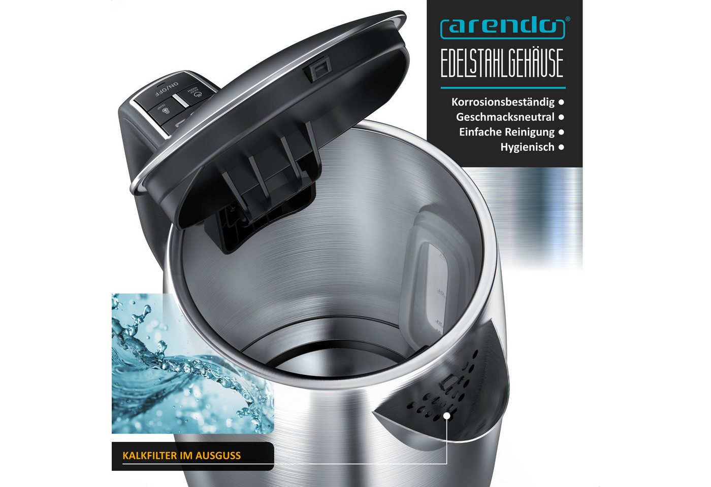 Arendo Wasserkocher Edelstahl, mit Temperatureinstellung, LED Display, Warmhaltefunktion, 1,7 l, 2200 W, Edelstahl, Temperaturwahl 35°C - 100°C, Sichtfenster fü – Bild 4 von 5