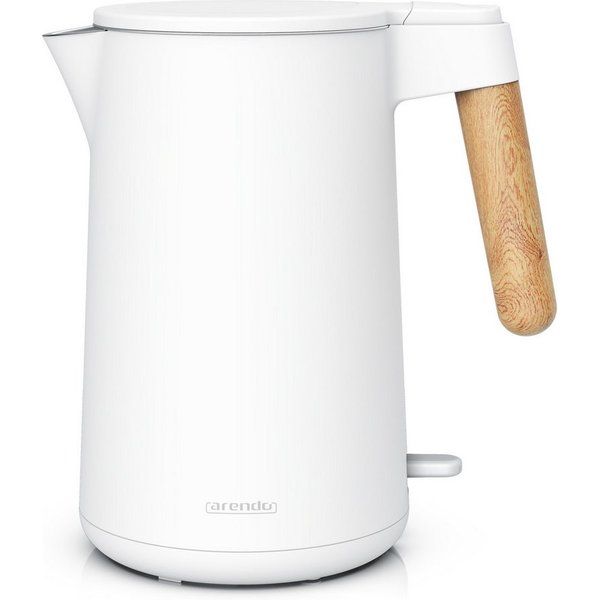 Arendo Wasserkocher Edelstahl, mit Griff in Holzoptik, Doppelwand, Cool-Touch, 360° Basis, 1,5 l, 2200 W, mit Temperatureinstellung, Trockengehschutz, BPA-frei,