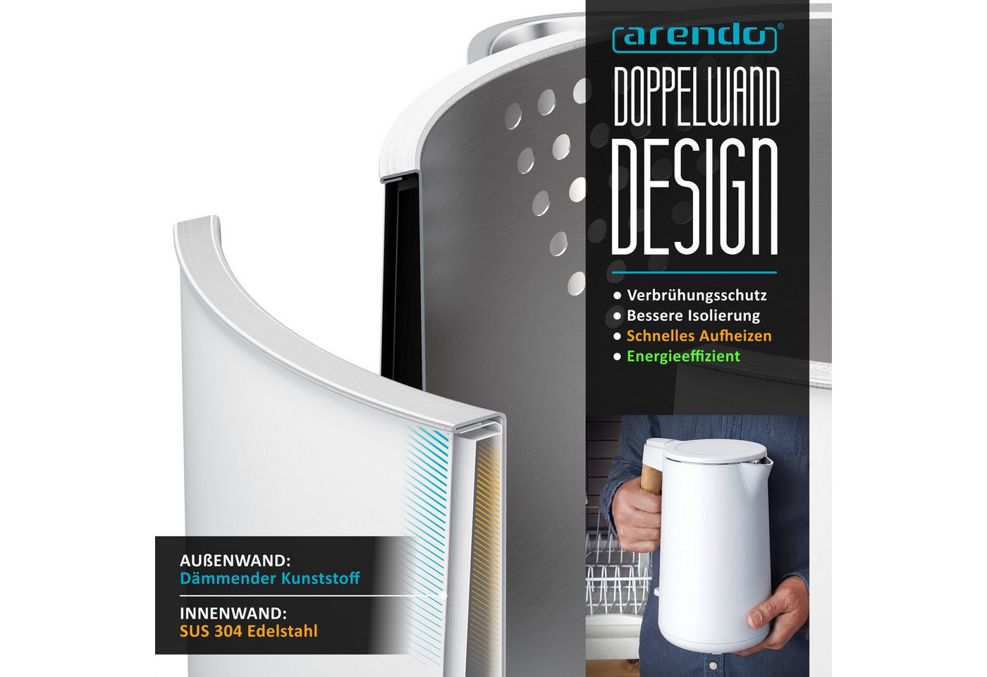 Arendo Wasserkocher Edelstahl, mit Griff in Holzoptik, Doppelwand, Cool-Touch, 360° Basis, 1,5 l, 2200 W, mit Trockengehschutz, Überhitzungsschutz, BPA-frei, GS – Bild 3 von 5