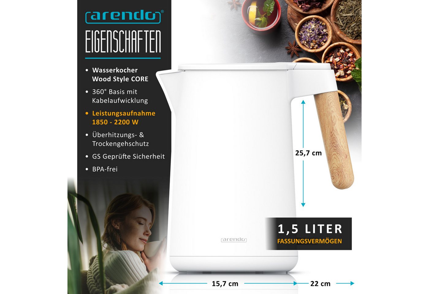 Arendo Wasserkocher Edelstahl, Doppelwand, Cool-Touch, 360° Basis, mit Griff in Holzoptik, 1,5 l, 2200 W, mit Trockengehschutz, Überhitzungsschutz, BPA-frei, GS – Bild 2 von 5