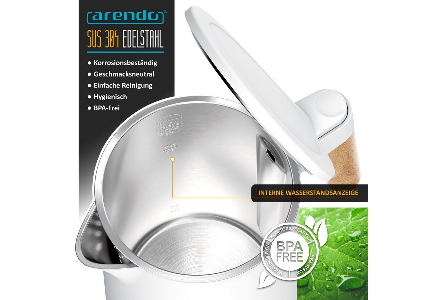 Arendo Wasserkocher Edelstahl, Doppelwand, Cool-Touch, 360° Basis, mit Griff in Holzoptik, 1,5 l, 2200 W, mit Trockengehschutz, Überhitzungsschutz, BPA-frei, GS – Bild 5 von 5