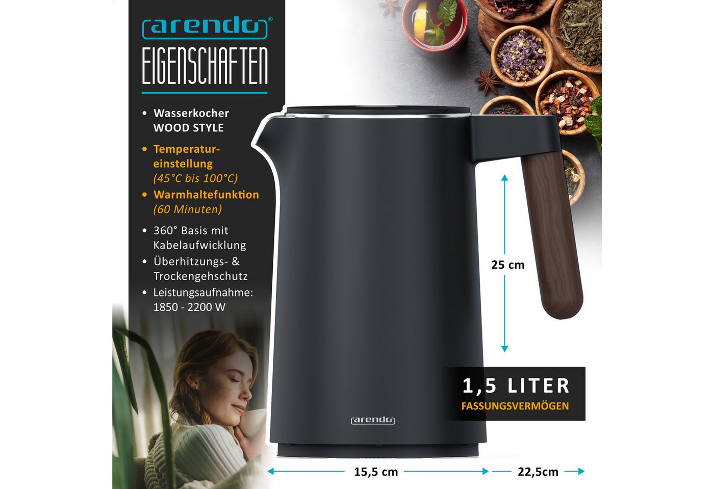 Arendo Wasserkocher Edelstahl, Temperatureinstellung 45° - 100 °C mit Anzeige, Doppelwand, 1,5 l, 2200 W, Warmhaltefunktion, 360° Basis, mit Griff in Holzoptik, – Bild 2 von 5