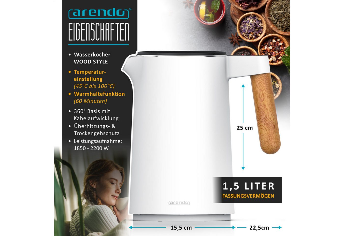Arendo Wasserkocher Edelstahl, Doppelwand, Temperatureinstellung 45° - 100 °C mit Anzeige, 1,5 l, 2200 W, Warmhaltefunktion, 360° Basis, mit Griff in Holzoptik, – Bild 2 von 5