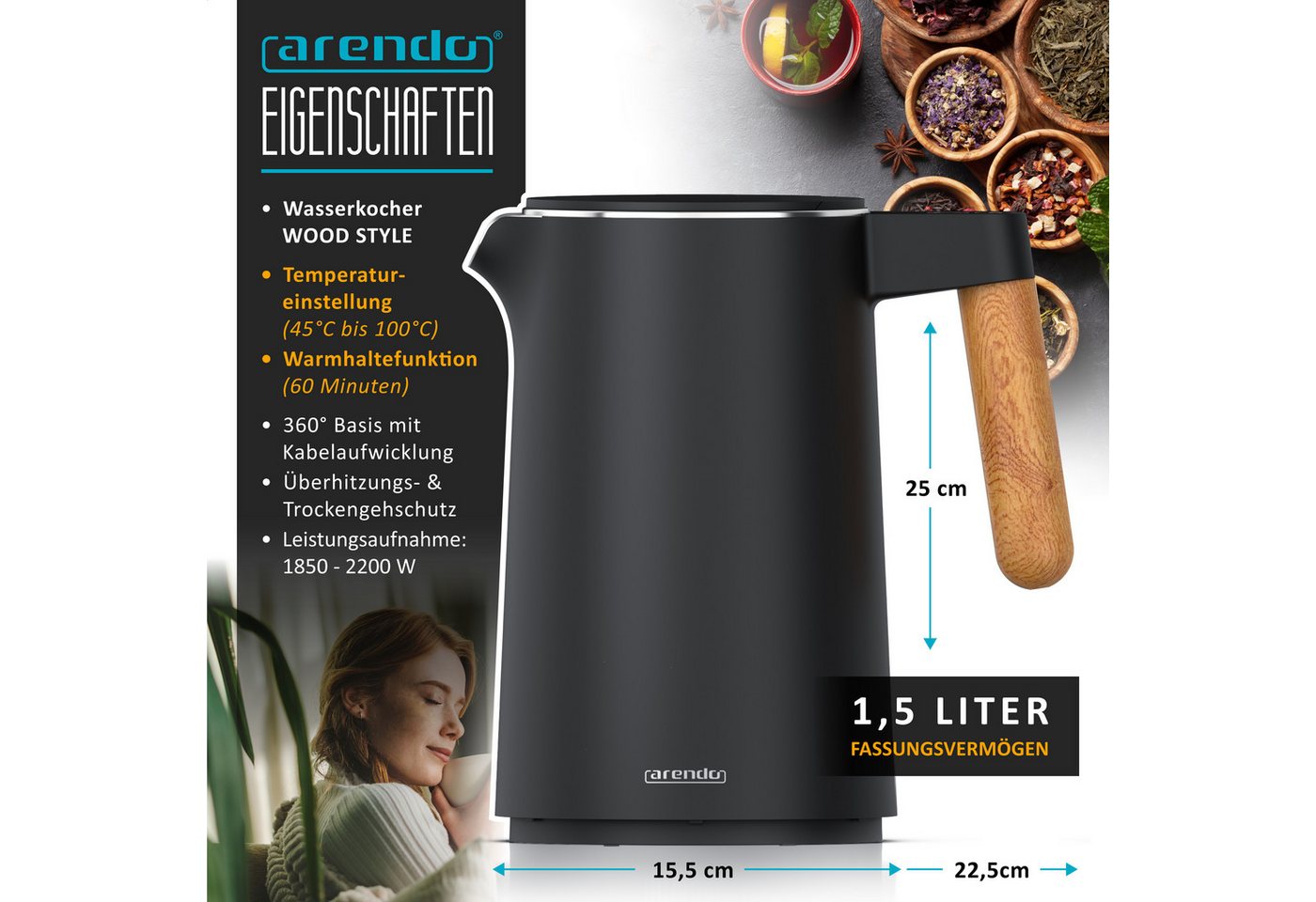 Arendo Wasserkocher Edelstahl, Doppelwand, Temperatureinstellung 45° - 100°C mit Anzeige, 1,5 l, 2200 W, Warmhaltefunktion, 360° Basis, mit Griff in Holzoptik,  – Bild 2 von 5