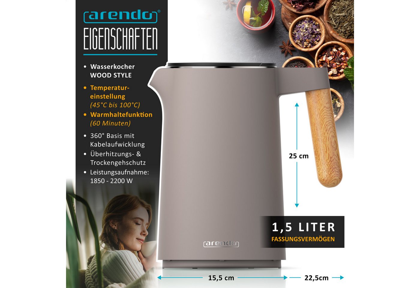 Arendo Wasserkocher Edelstahl, Doppelwand, Temperatureinstellung 45° - 100 °C mit Anzeige, 1,5 l, 2200 W, Warmhaltefunktion, 360° Basis, mit Griff in Holzoptik, – Bild 2 von 5
