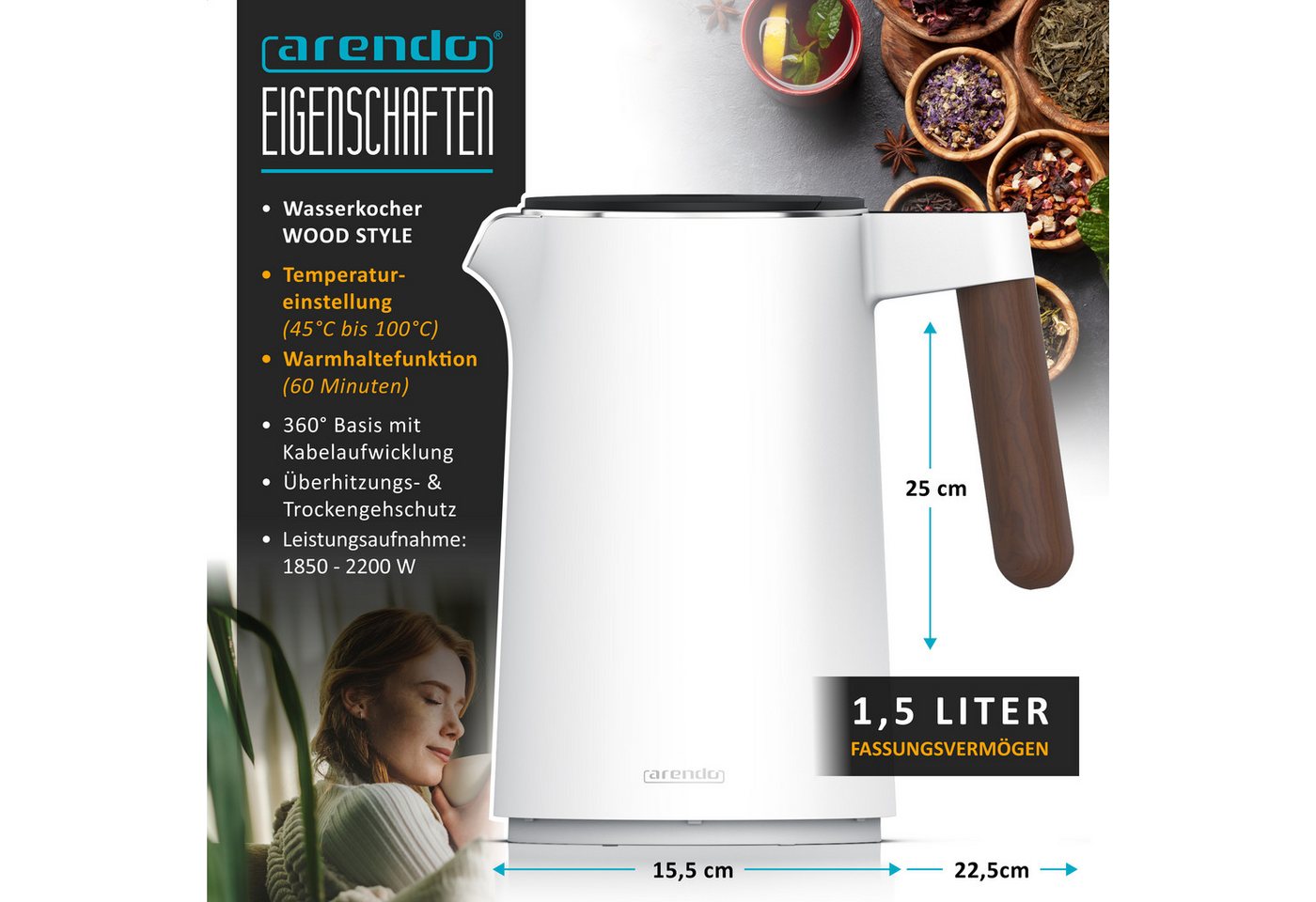 Arendo Wasserkocher Edelstahl, Doppelwand, Temperatureinstellung 45° - 100 °C mit Anzeige, 1,5 l, 2200 W, Warmhaltefunktion, 360° Basis, mit Griff in Holzoptik, – Bild 2 von 5
