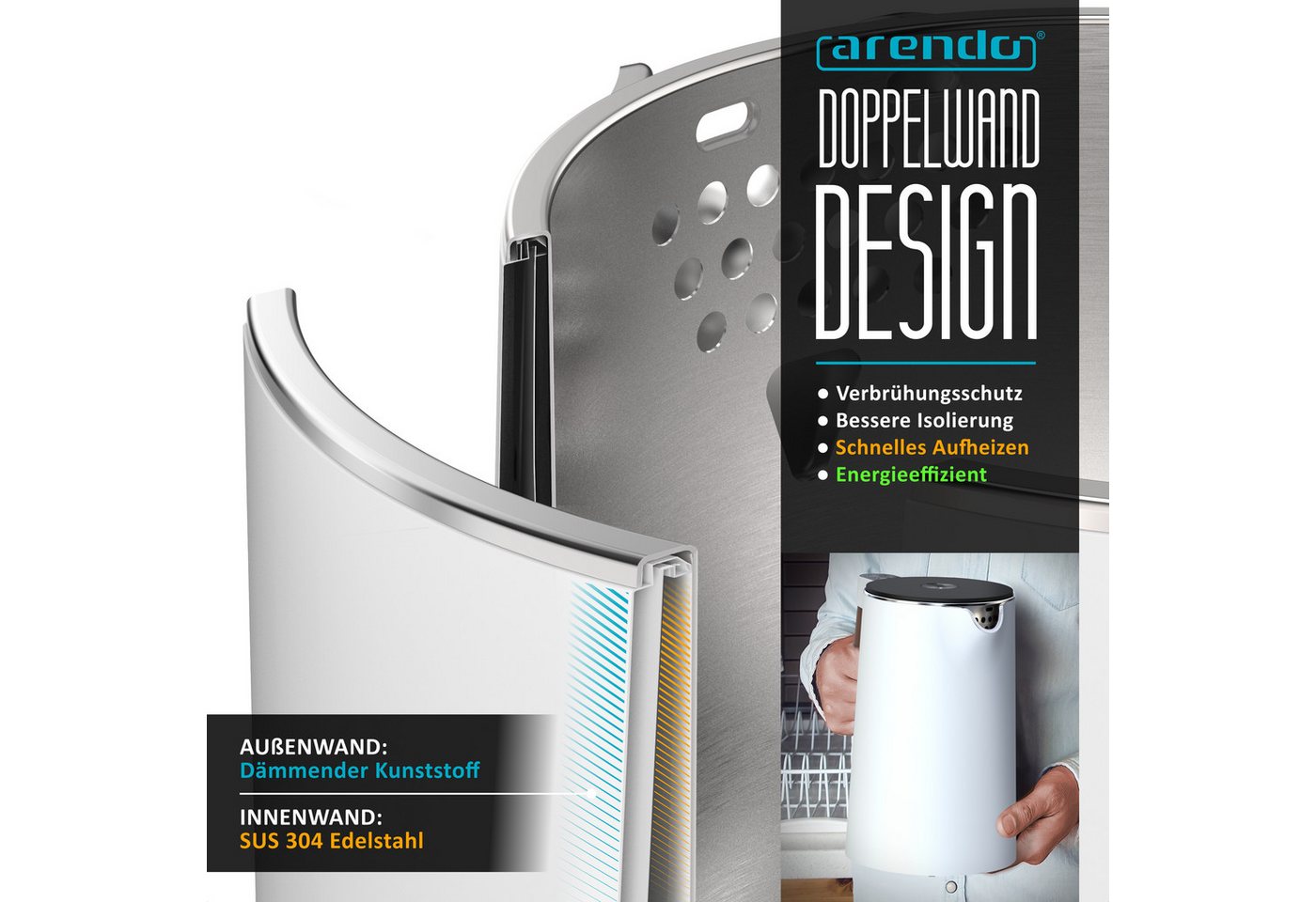 Arendo Wasserkocher Edelstahl, Doppelwand, Temperatureinstellung 45° - 100 °C mit Anzeige, 1,5 l, 2200 W, Warmhaltefunktion, 360° Basis, mit Griff in Holzoptik, – Bild 4 von 5