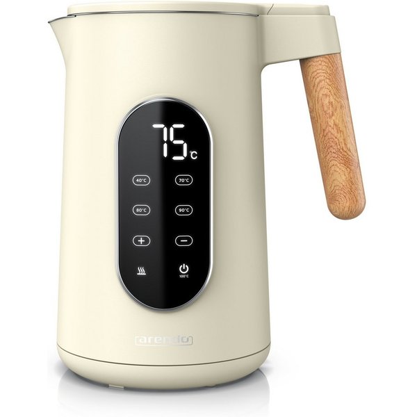 Arendo Wasserkocher Edelstahl, Doppelwand, Temperatureinstellung 40° - 100 °C mit Anzeige, 1,7 l, 2200 W, LED-Display, 5 Direktwahltemperaturen, Holzoptik-Griff
