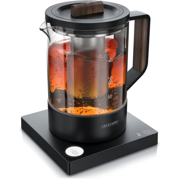 Arendo Wasserkocher Glas, Edelstahl Teesieb, Temperatureinstellung 40°–100°C mit Anzeige, 1 l, 800 W, kompakt, Reisewasserkocher, präzise Temperaturmessung, BPA