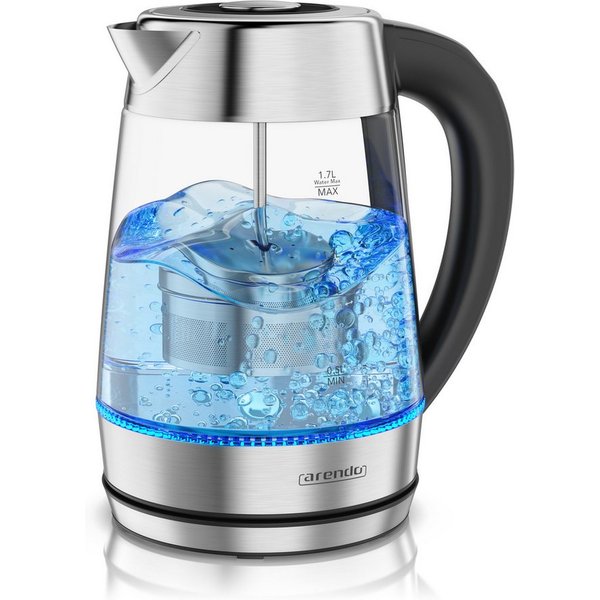 Arendo Wasserkocher Glas & Edelstahl 2in1 Teebereiter mit Teesieb & 5 Temperaturen, Retro, 1.7 l, 2200 W, Teekocher für losen Tee, 5 Stufen 40-100°C, LED-Licht 