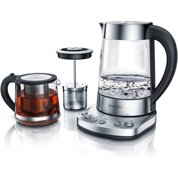Arendo Wasserkocher Glas, Temperatureinstellung, Teesieb & Aufsatz, Türkischer Teekocher, 1,7 l, 2400 W, Edelstahl, Temperatureinstellung 70 - 100° C, Abschalta