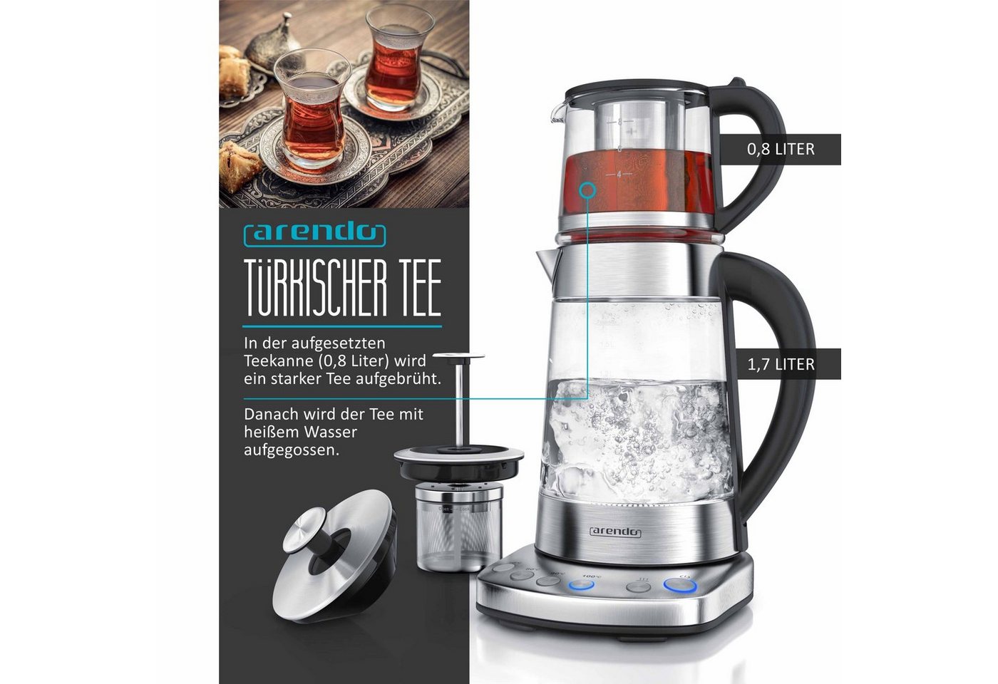 Arendo Wasserkocher Glas, Temperatureinstellung, Teesieb & Aufsatz, Türkischer Teekocher, 1,7 l, 2400 W, Edelstahl, Temperatureinstellung 70 - 100° C, Abschalta – Bild 3 von 5