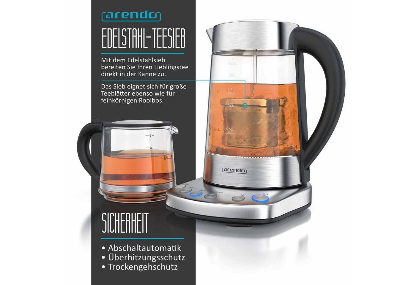 Arendo Wasserkocher Glas, Temperatureinstellung, Teesieb & Aufsatz, Türkischer Teekocher, 1,7 l, 2400 W, Edelstahl, Temperatureinstellung 70 - 100° C, Abschalta – Bild 4 von 5