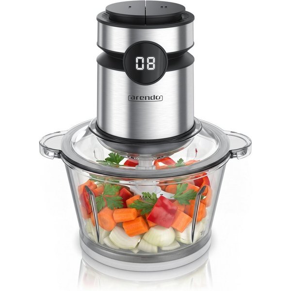 Arendo Zerkleinerer Elektrischer Multizerkleinerer für Zwiebeln, Fleisch, Nüsse & Gemüse, 500 W, Universalzerkleinerer mit 2 L Glasbehälter, Display, Sicherheit