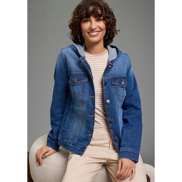 Arizona Jeansjacke mit Kapuze, Regular Fit, mit Knopfleiste, mit Knopf-Applikationen