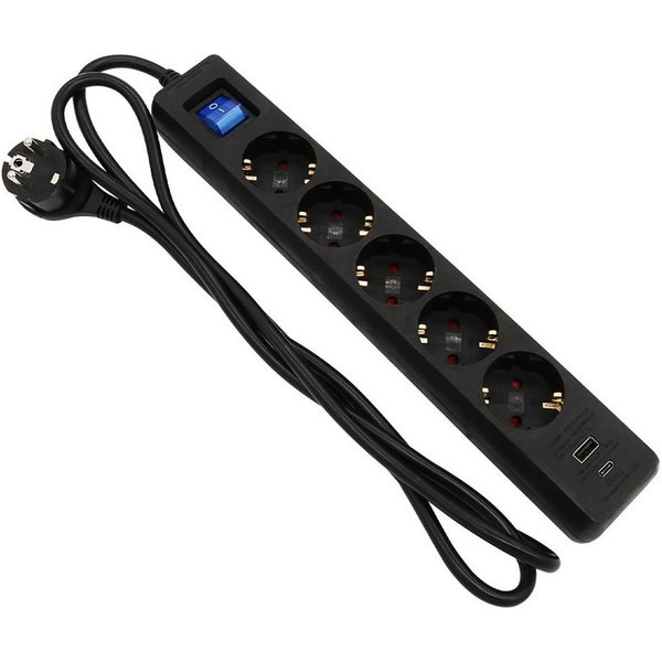 ARLI 1,5m Steckdosenleiste schwarz 5 fach mit USB-A + USB-C Steckdosenleiste 7-fach (Schutzkontaktstecker, EIN / AUS Schalter, Kindersicherung, Kabellänge 5 m),