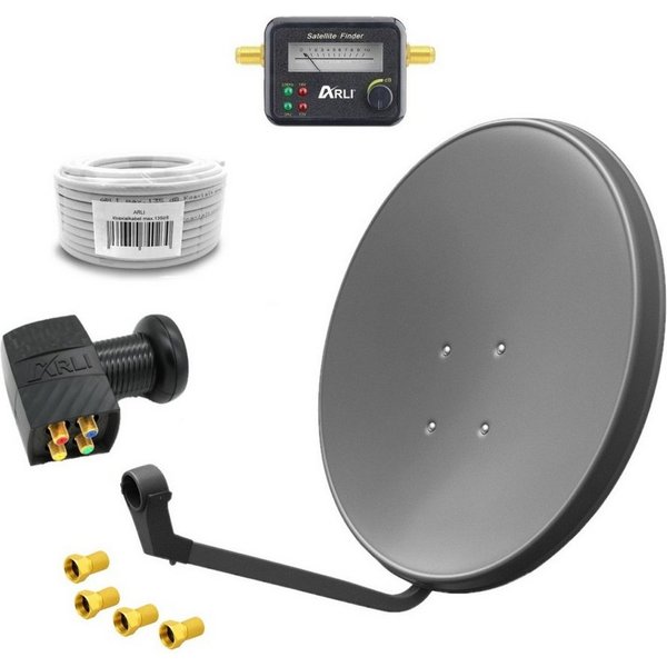 ARLI 60 cm HD SAT Anlage grau + Quad LNB + 50m Koaxialkabel + Satfinder SAT-Antenne (60 cm, Stahl, + 4x F-Stecker vergoldet Set 11151)