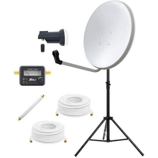 ARLI 60 cm SAT Anlage mit Single LNB Stativ Satfinder 3 m + 7 m Kabel Camping Sat-Anlage (für Balkon Garten), Fensterdurchführung Satellitenschüssel weiss