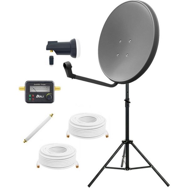 ARLI 60 cm SAT Anlage mit Single LNB Stativ Satfinder 3 m + 7 m Kabel Camping Sat-Anlage (für Balkon Garten), Fensterdurchführung Satellitenschüssel grau