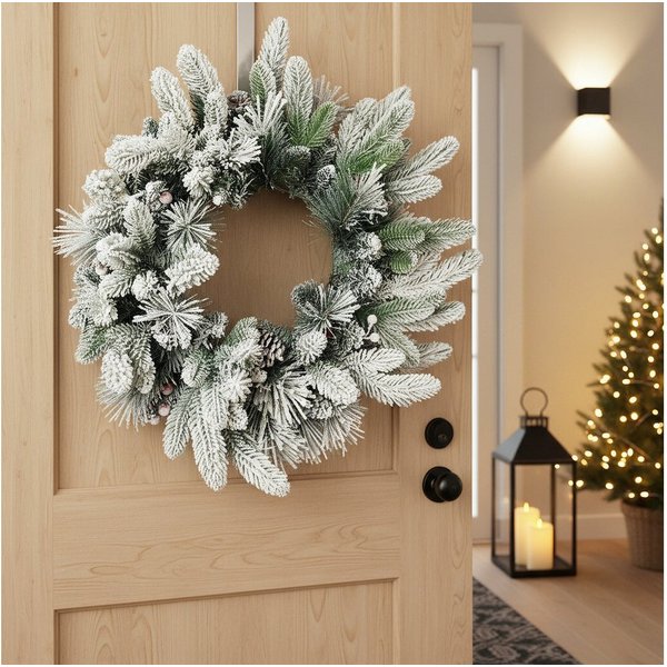 Arnusa Dekokranz Weihnachtskranz 50 cm verschneit Türkranz mit Schnee, Weihnachtsdeko mit Kunstschnee