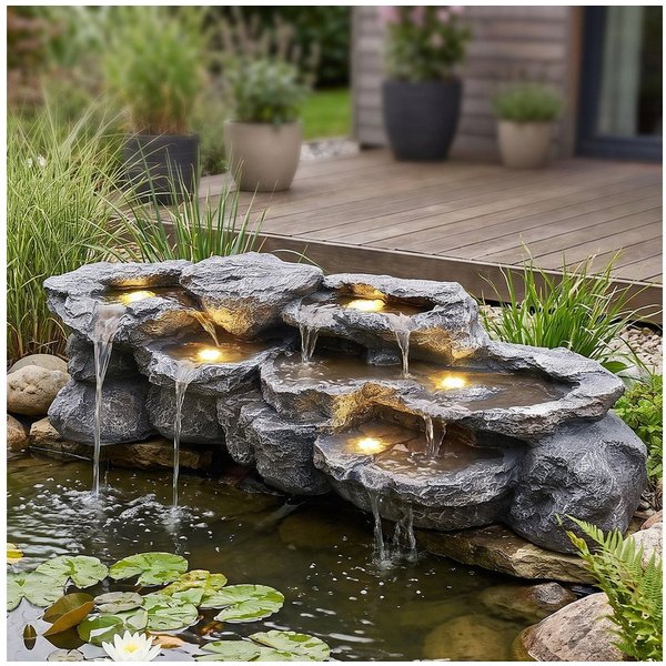 Arnusa Gartenbrunnen großer Teichwasserfall Wasserfall Felsen Kunststein mit LED und Pumpe, 109 cm Breite, Teichdekoration Springbrunnen Wasserspiel XL