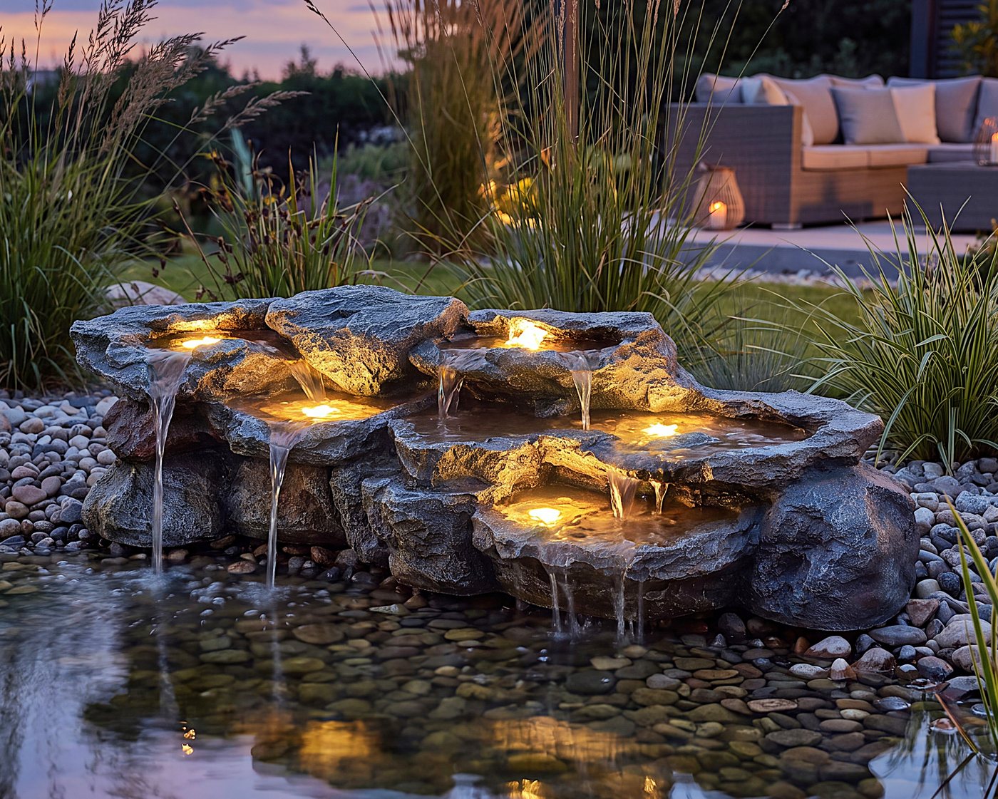 Arnusa Gartenbrunnen großer Teichwasserfall Wasserfall Felsen Kunststein mit LED und Pumpe, 109 cm Breite, Teichdekoration Springbrunnen Wasserspiel XL – Bild 2 von 5