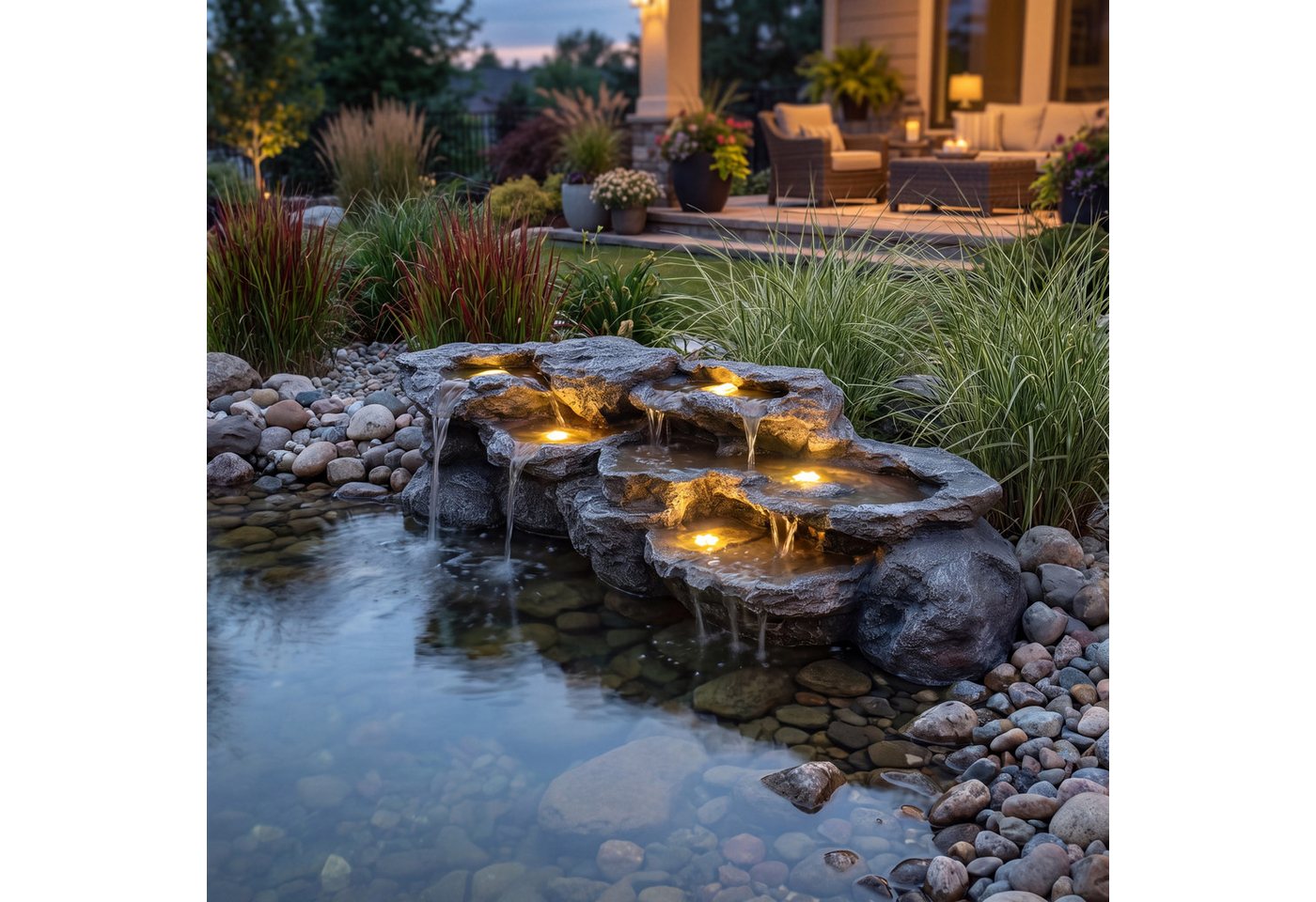 Arnusa Gartenbrunnen großer Teichwasserfall Wasserfall Felsen Kunststein mit LED und Pumpe, 109 cm Breite, Teichdekoration Springbrunnen Wasserspiel XL – Bild 3 von 5