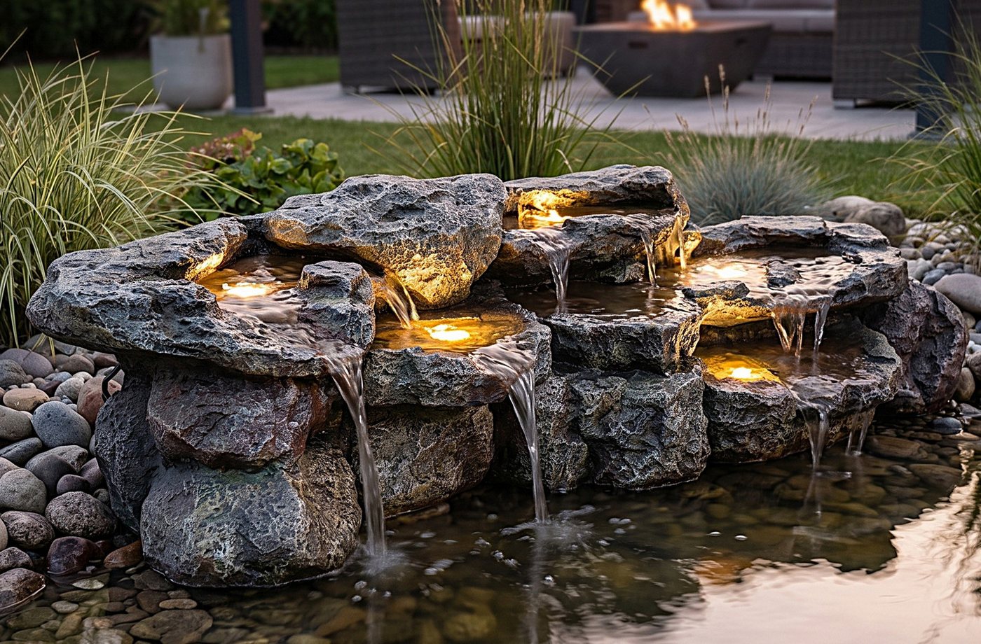 Arnusa Gartenbrunnen großer Teichwasserfall Wasserfall Felsen Kunststein mit LED und Pumpe, 109 cm Breite, Teichdekoration Springbrunnen Wasserspiel XL – Bild 5 von 5