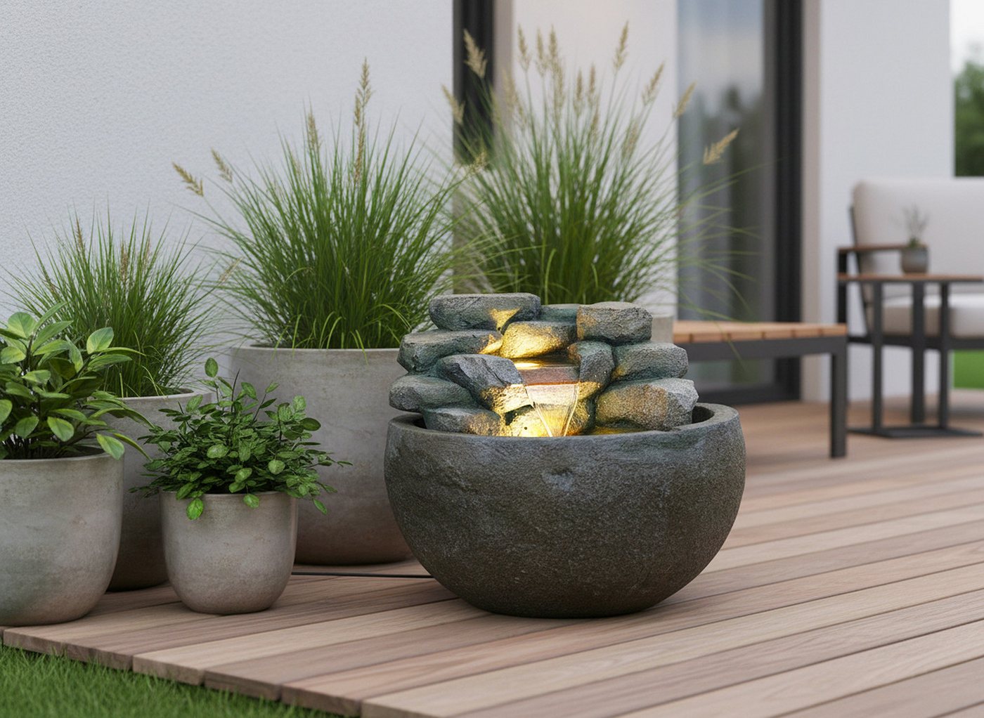 Arnusa Gartenbrunnen Springbrunnen BK911 runder Wasserfall Brunnen mit LED Beleuchtung, Steinoptik Gartenteich Dekoteich – Bild 2 von 5