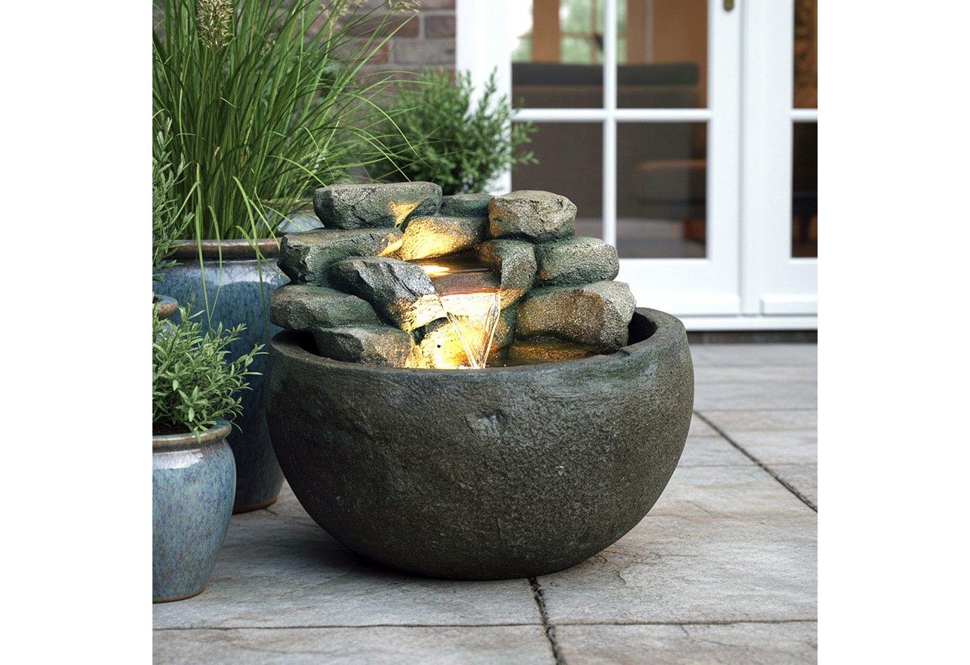 Arnusa Gartenbrunnen Springbrunnen BK911 runder Wasserfall Brunnen mit LED Beleuchtung, Steinoptik Gartenteich Dekoteich – Bild 3 von 5