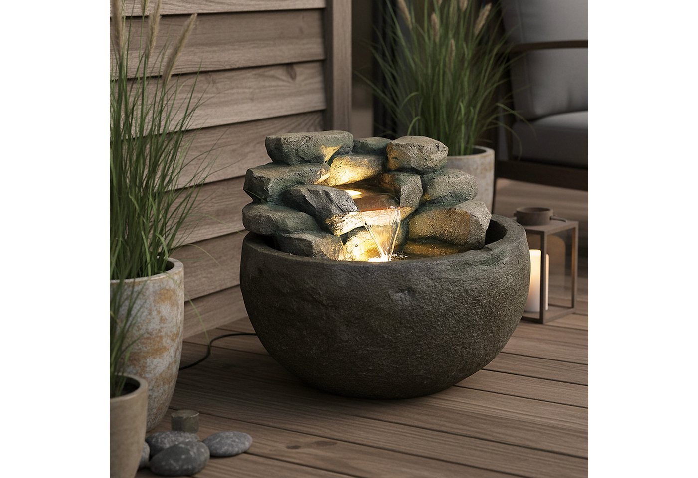 Arnusa Gartenbrunnen Springbrunnen BK911 runder Wasserfall Brunnen mit LED Beleuchtung, Steinoptik Gartenteich Dekoteich – Bild 4 von 5