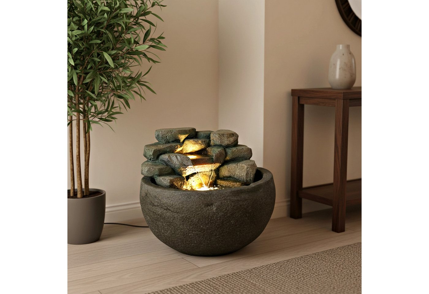 Arnusa Gartenbrunnen Springbrunnen BK911 runder Wasserfall Brunnen mit LED Beleuchtung, Steinoptik Gartenteich Dekoteich – Bild 5 von 5