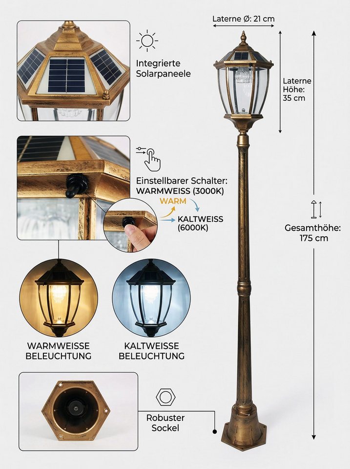 Arnusa LED Solarleuchte Gartenlaterne Außenleuchte Sockelleuchte 175cm Klassisch Solarlampe, Farbwechsel, LED fest integriert, warmweiß, kaltweiß, kabellos mit  – Bild 4 von 5