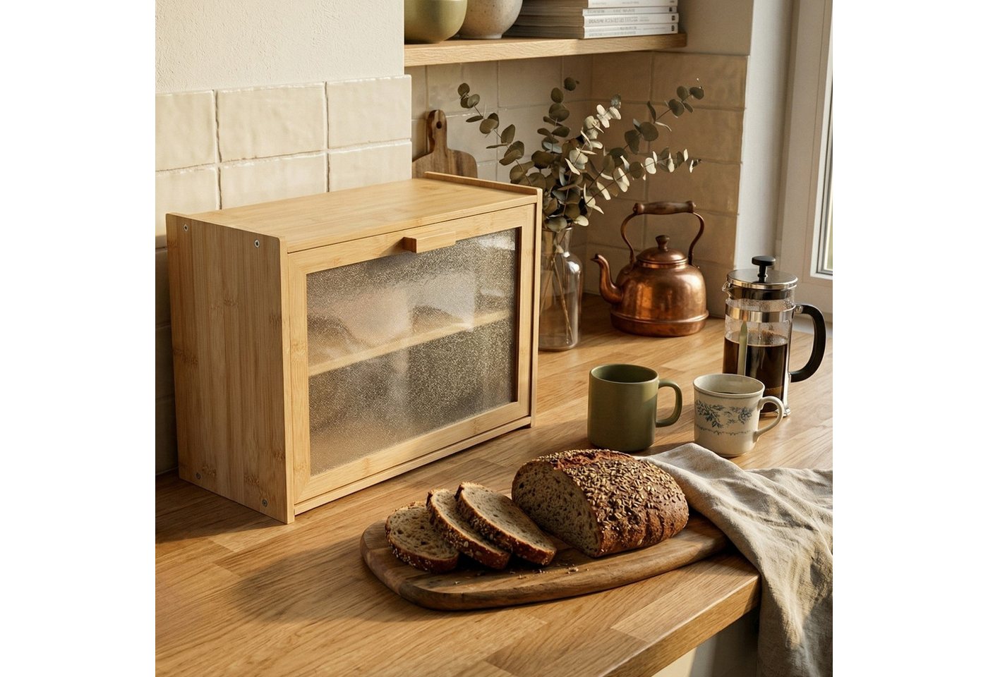AROMELIO Brotkasten Bambus Brotkasten DOPPIO, 17 x 40 x 31 cm, zwei Regale – Bild 3 von 5
