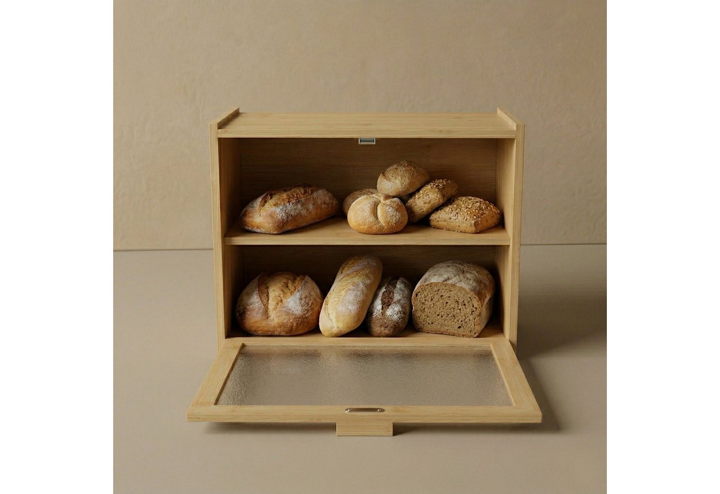 AROMELIO Brotkasten Bambus Brotkasten DOPPIO, 17 x 40 x 31 cm, zwei Regale – Bild 4 von 5