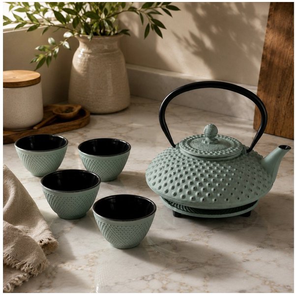 AROMELIO Wasserkocher Gusseiserner Teekessel mit Sieb, Tassen und Untersetzer TSUKO, 1,25 l