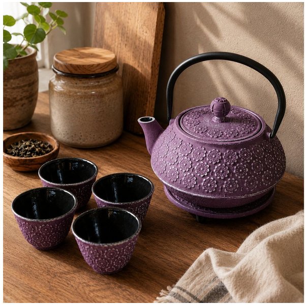 AROMELIO Wasserkocher Gusseiserner Teekessel mit Sieb, Tassen und Untersetzer HANU, 1 l