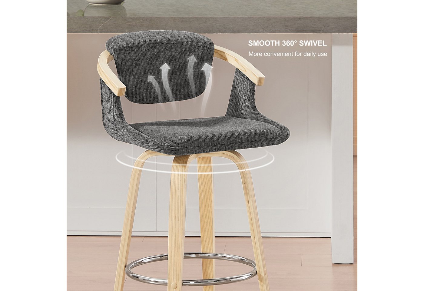 Art Leon Esszimmerstuhl BS049-051 (Barhocker 2er Set, Drehbar Barstuhl Tresenhocker Sitzhöhe 65.5 cm Bistrohocker Küchenstühle mit lehne, Sitzfläche aus Baumwol – Bild 5 von 5
