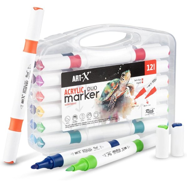 ART-X Marker Acryl Marker Set - 12 Farben, Doppelspitzen, Für Kreative & Künstler, (Doppelspitzen-Marker-Set, 12-tlg., 12 Farben, doppelseitig mit feiner und br