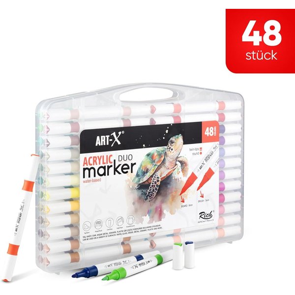 ART-X Marker Acryl Marker Set - 48 Farben, Doppelspitzen, Für Profis & Künstler, (Doppelspitzen-Marker-Set, 48 Farben, doppelseitig mit feiner und breiter Spitz