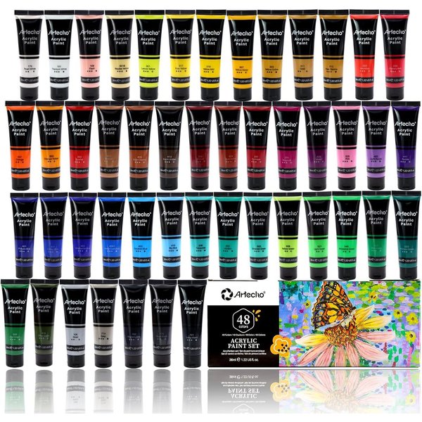 Artecho Acrylfarbe Set 18 / 24 / 48 Farben, je 36ml Tuben – wasserfest & schnelltrocknend, für Papier, Ton, Holz, Stein – zum Reisen, Malen & Freude verschenken