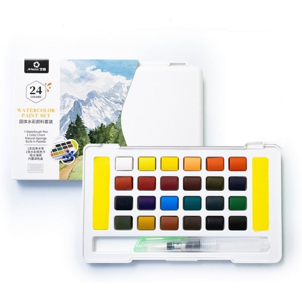 Artecho Aquarellfarbe Set – 24 / 48 / 72 Wasserfarben mit Wassertankpinsel & Schwamm, Für Zuhause oder kreative Reisen geeignet